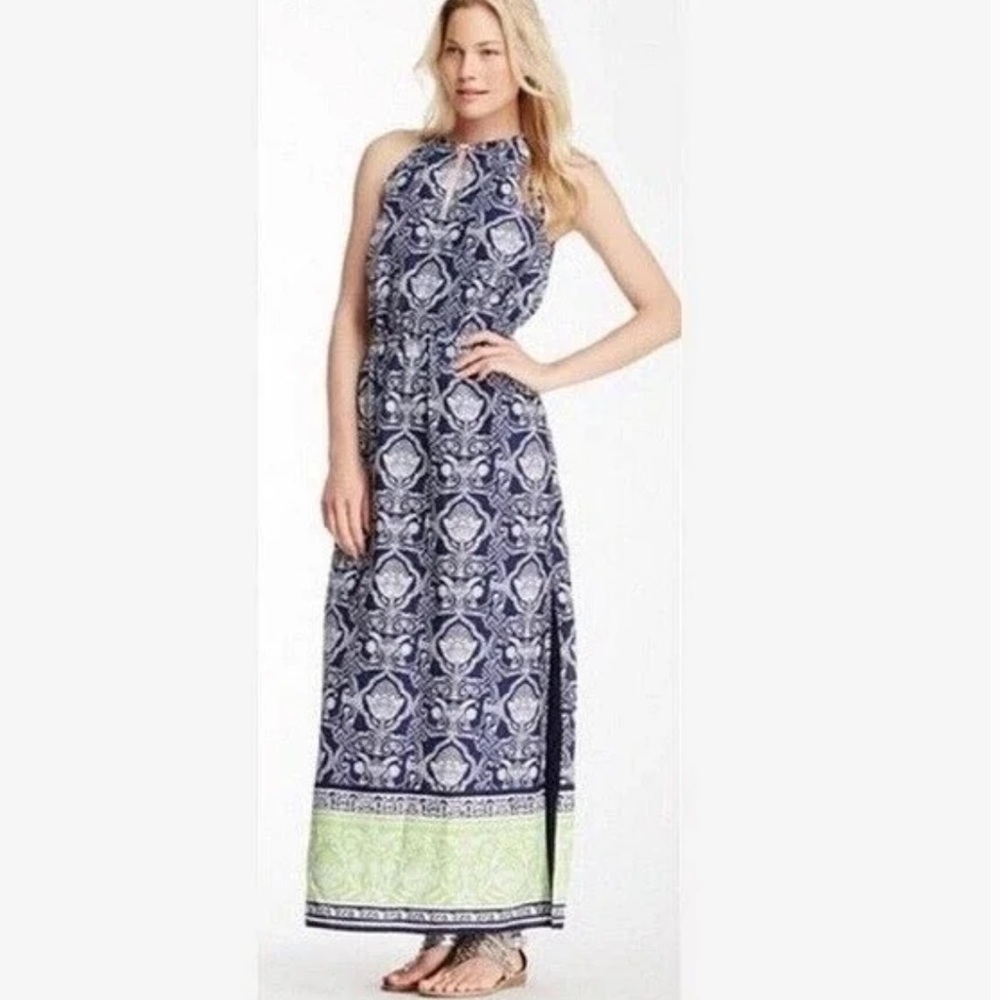 C Wonder Pineapple Scroll Border Maxi Dress Cotton Silk Blue Size XL